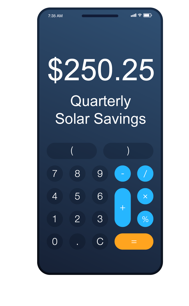 Calculator showing estimated savings from solar power. Based on $300 quarterly bill at present.