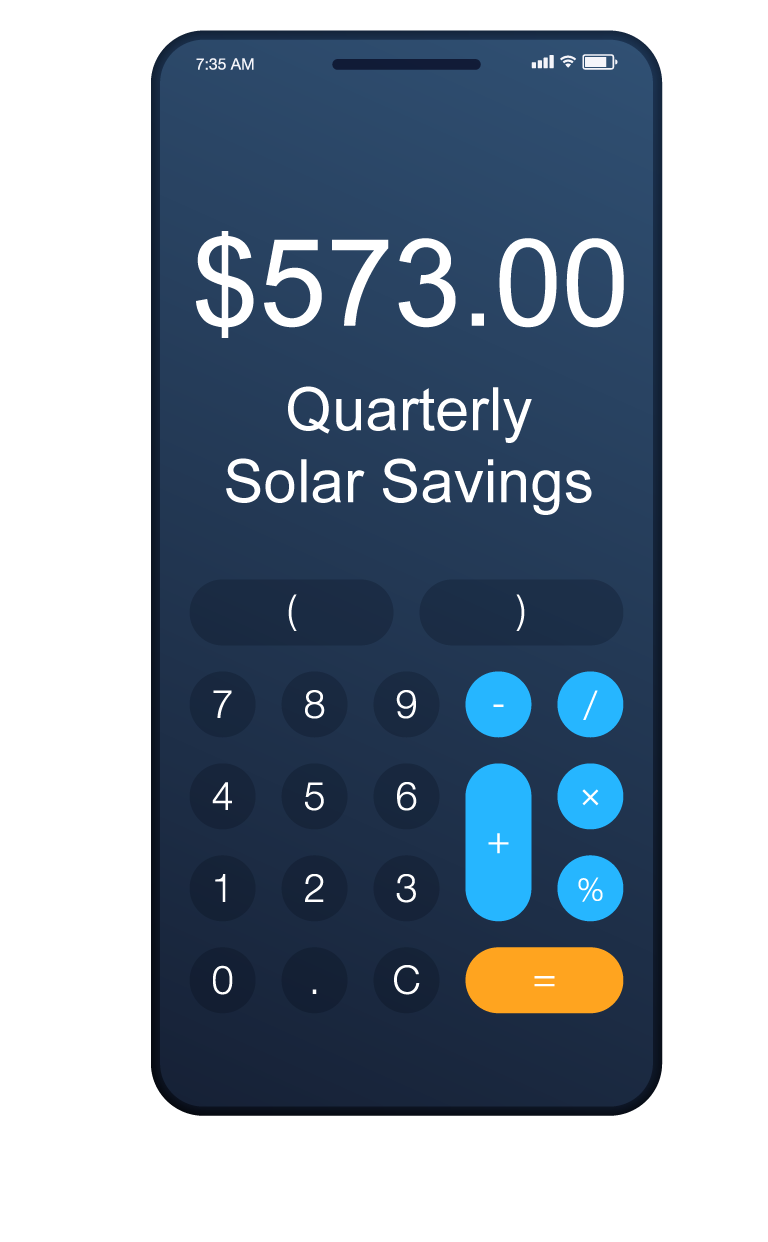 Calculator showing estimated savings from solar power. Based on $650 quarterly bill at present.