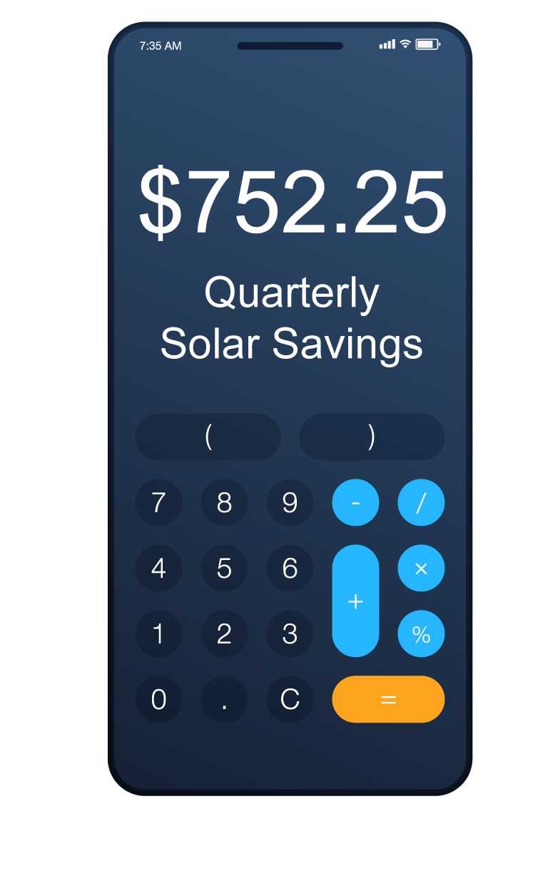 Calculator showing estimated savings from solar power. Based on $800 quarterly bill at present.